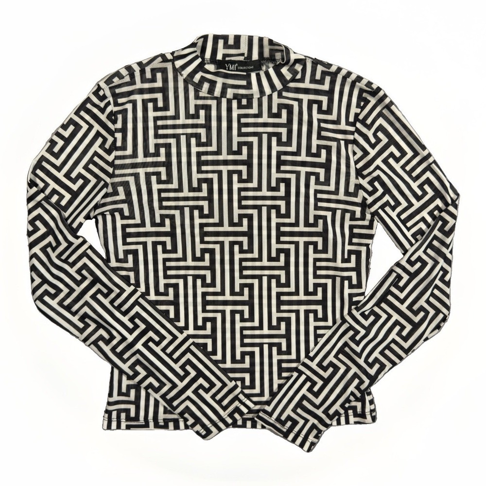 YMI Collections Womens M Black White Geometric Mesh Top Long Sleeve Sheer